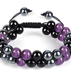 Triple Protection Bracelet, Amethyst Hematite Black Obsidian Handmade Jewelry